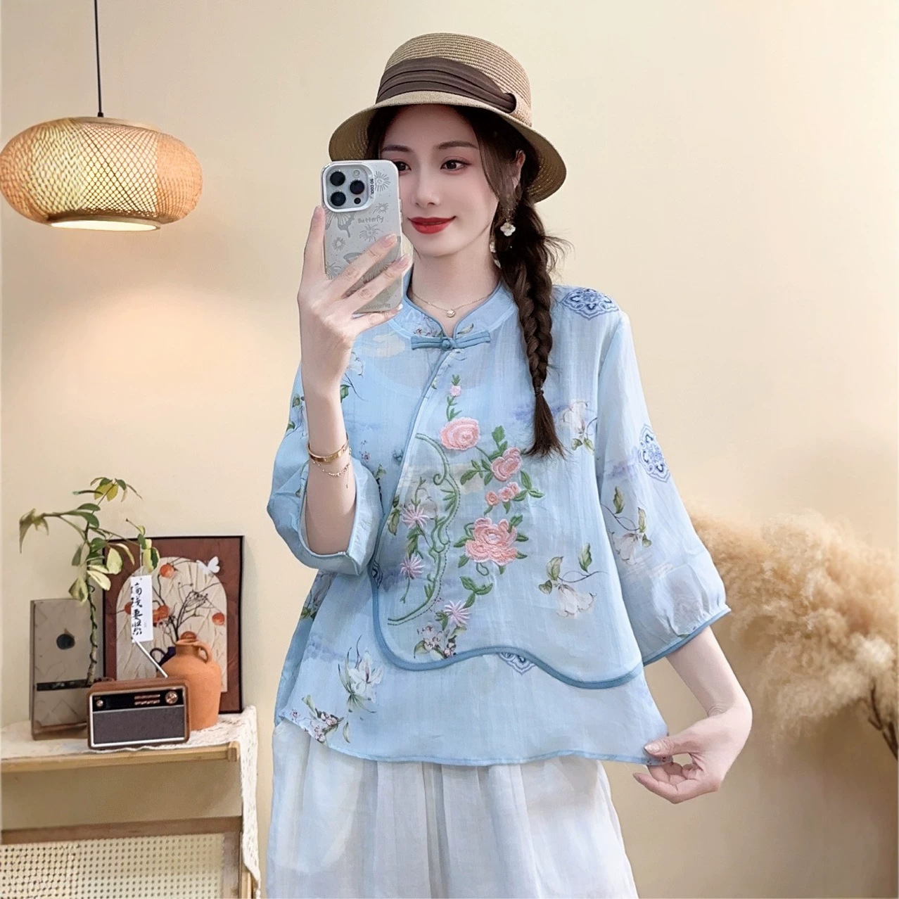 花社夏季新中式苎麻上衣新款立领斜扣禅意茶服国风短款七分袖衬衣