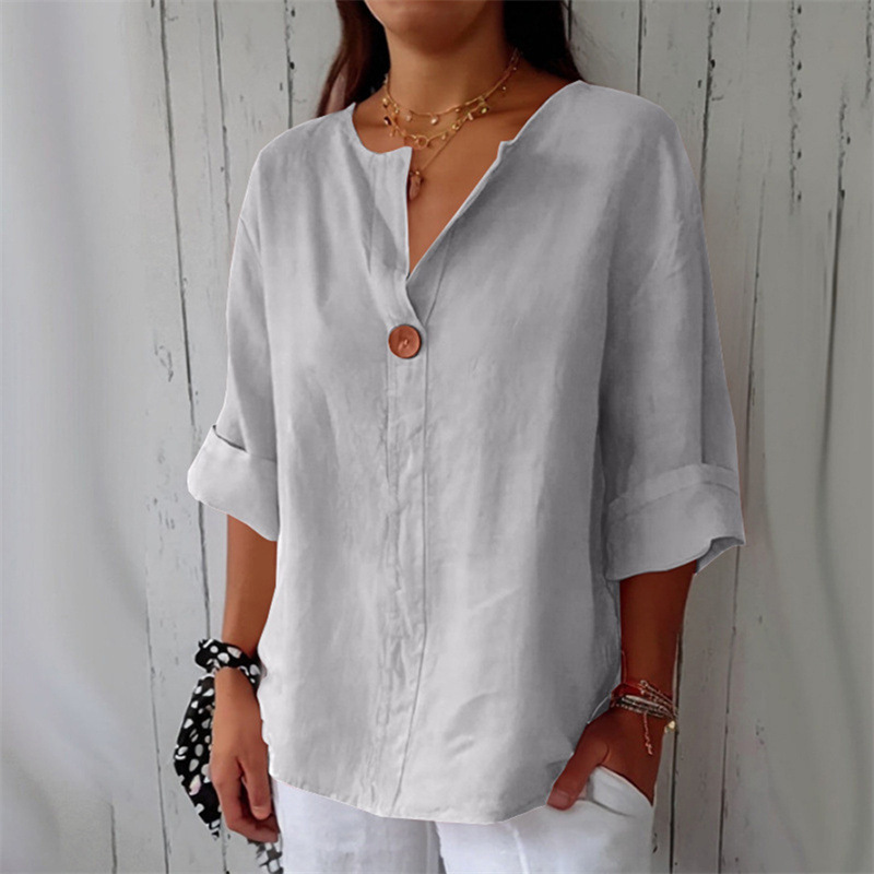 Women's Loose Fit V Neck 7/8 Sleeve Cotton Button Front Tunic Top – Casual Summer Blouse 2026_ecoleips.com