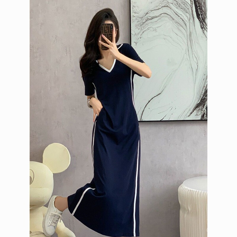 Summer slimming waistline polo collar sports casual dress for women, extra-long over-the-knee elegant T-shirt dress that reaches the ankles Summer slimming waistline polo collar sports casual dress for women, extra-long over-the-knee elegant T-shirt dress that reaches the ankles