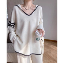 专柜撤回国际大牌剪标女装韩系慵懒风连帽长袖针织衫宽松撞色毛衣