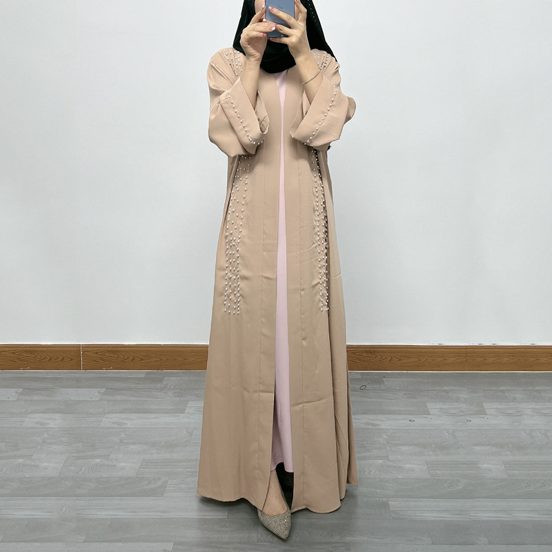 F326 Cross-Border Foreign Trade Middle Eastern Women's Long Dress, Dubai Pearl Embellished Elegant Cardigan Robe,_ecoleips.com
