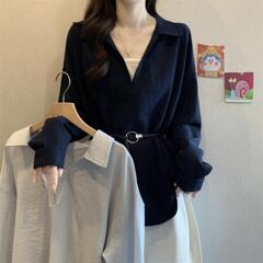 大码韩系V领正肩长袖衬衫女秋季新款胖mm宽松显瘦遮肉假两件上衣