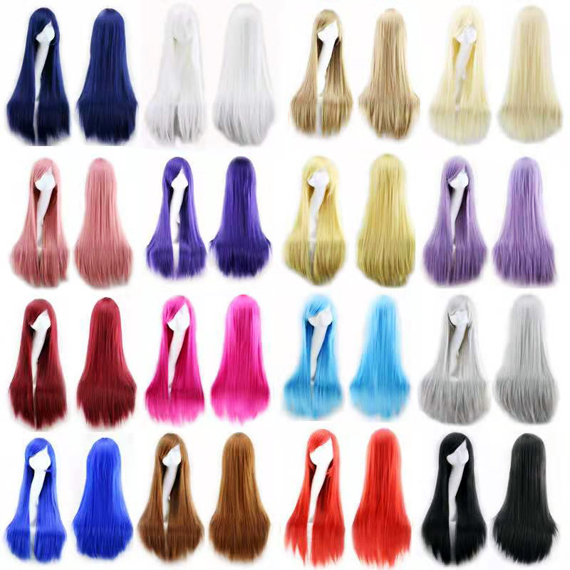 Anime wig cos play cosplay colored hair long straight hair 80cm straight hair oblique bangs wig