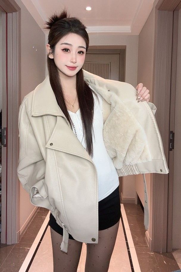 Fleece-Lined Thickened Autumn and Winter New Leather Jacket for Women, Hong Kong Style Versatile Leather Jacket, Korean Style Loose Biker Jacket