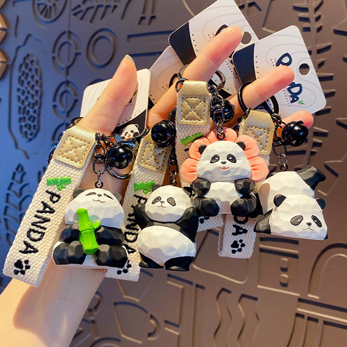 Baimao original wood carving style panda series keychain creative and exquisite hand-raising panda couple key chain bag pendant