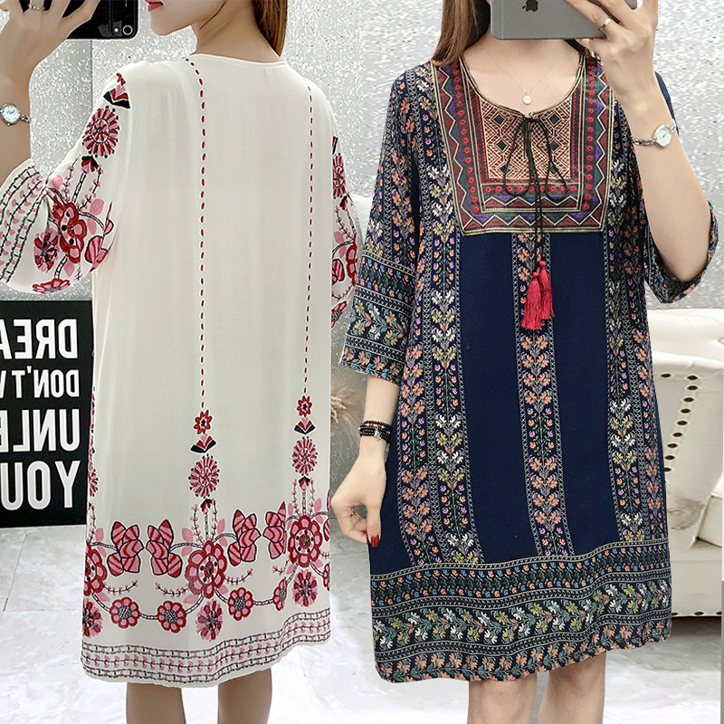 Anstqq029 Cross-Border Ethnic Style Embroidered Round Neck Three-Quarter Sleeve Dress Travel Midi Dress Loose Straight Dress