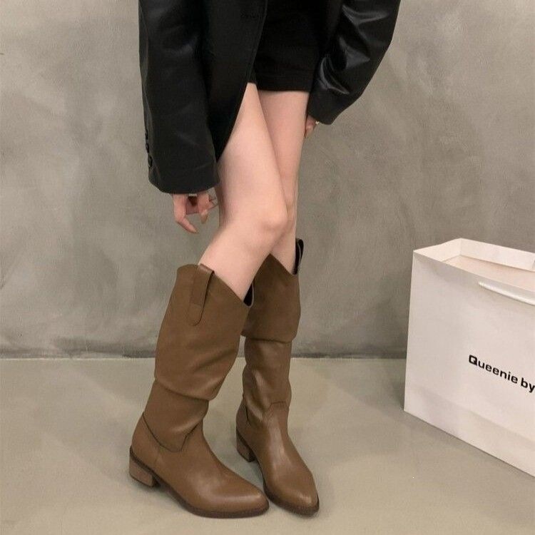 Western autumn and winter slim-fit pleated shoes with chunky heels, long boots, new slim and long knight boots for women 2026 Western autumn and winter slim-fit pleated shoes with chunky heels, long boots, new slim and long knight boots for women 2026