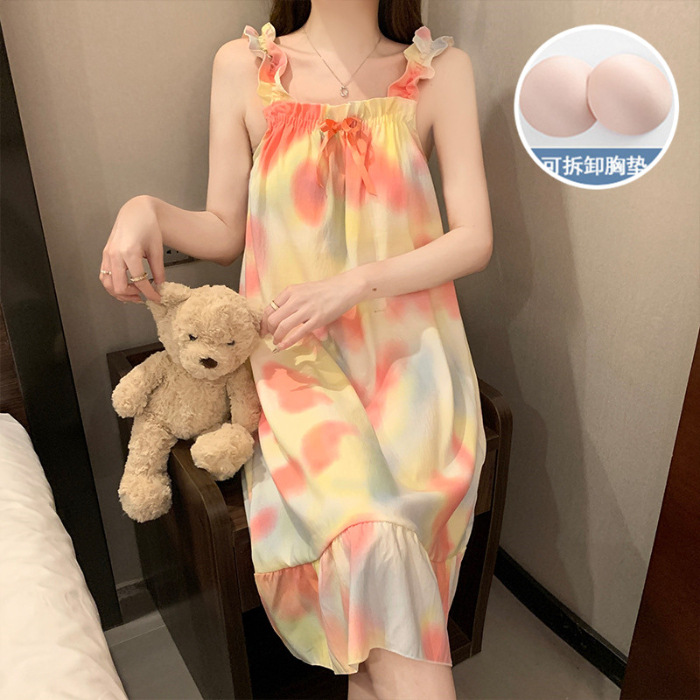 2024 verano esling vestido de pijama chica tejido nubes de algodón cojín de pecho lindo dulce se puede usar vestido largo ropa para el hogar