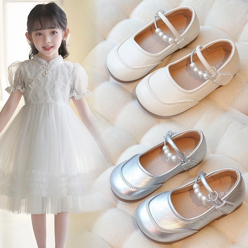 Girls' Small Leather Shoes 2025 Spring New Kidsren's Princess Shoes Soft Sole Girls Silver Flats Girls' Shoes Spring & Fall