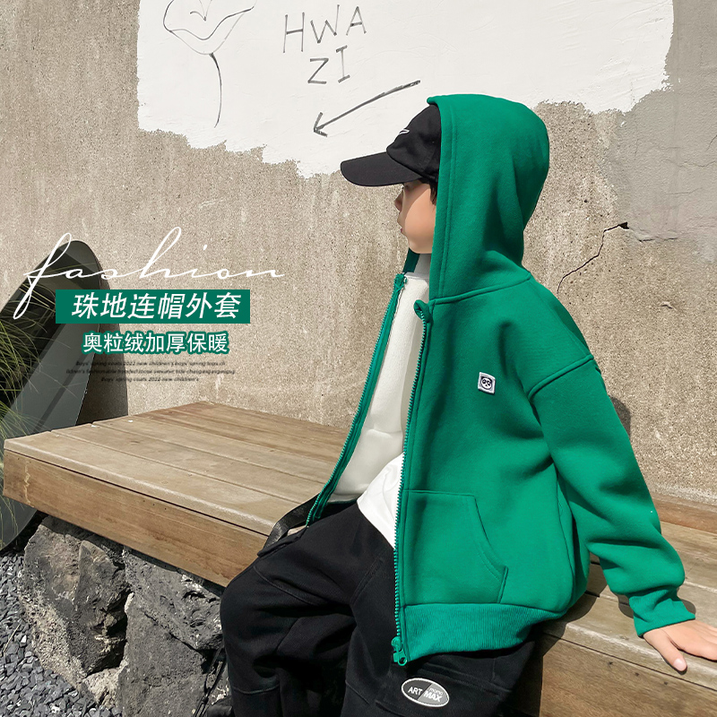 Boys' Velvet Jacket 2024 New Children's Wear Children's Street Top Autumn and Winter Thickened Cardigan Sweater