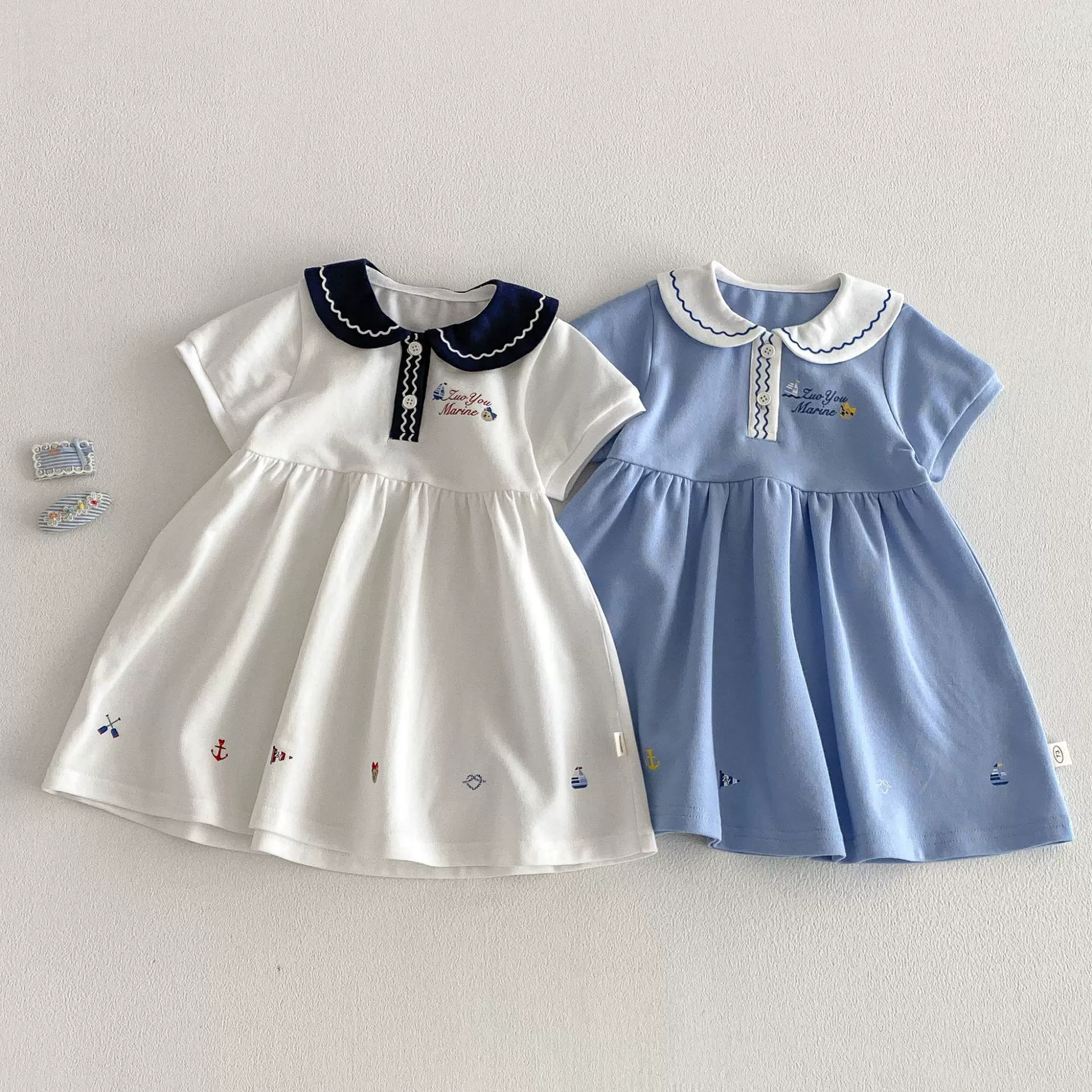 女童学院风连衣裙2026新款夏季宝宝娃娃领卡通公主裙儿童韩版裙子