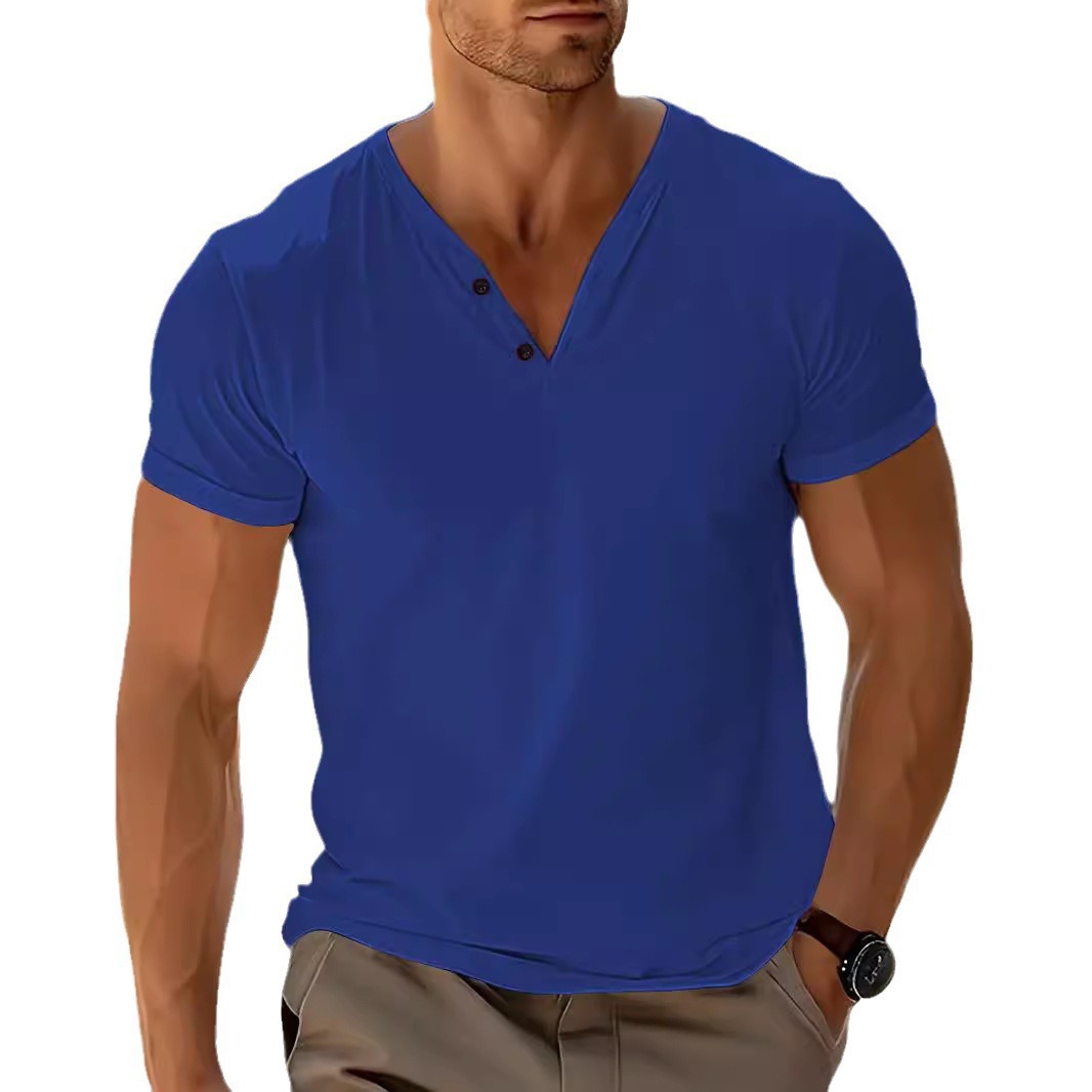 Nuevo TEMU transfronterizo hombre europeo y americano color sólido cuello V transpirable sudor deportivo casual ligero camiseta de manga corta regular