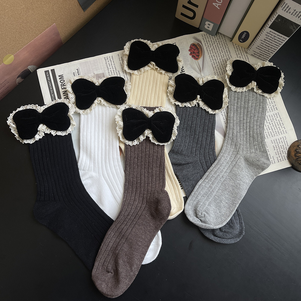 韩国东大门新品miu风面包花边蝶少女时髦宽条棉中筒堆堆袜女