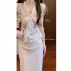温柔姐姐风情万种纯欲蕾丝无袖蝴蝶结上衣包臀半身裙套装女两件套