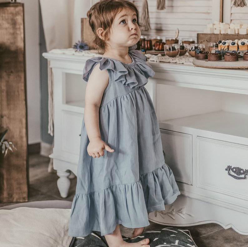 Cross-Border Ins European and American Girls' Summer Solid Color Cotton and Linen Dress, Sleeveless Ruffled Hem, Extra-Long Skirt