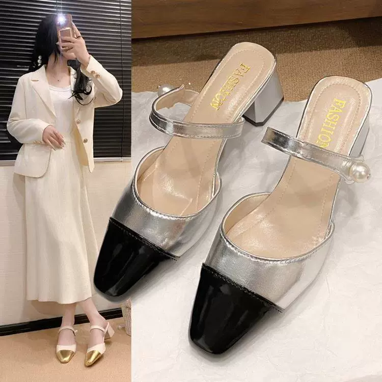 Сеть Red Baotou Liangtou Женская внешняя торговля сшивание шероховатого цвета 2024 Летняя новая мода на каблуках Мэри Джейн тапочки