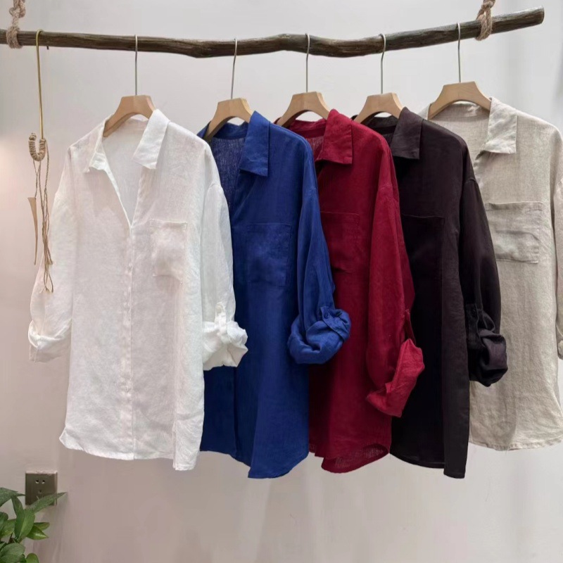 Japanese-Style Lapel Old Money Hemp Shirt for Women, Autumn New Loose Casual Simple Versatile Single-Breasted Top for Women