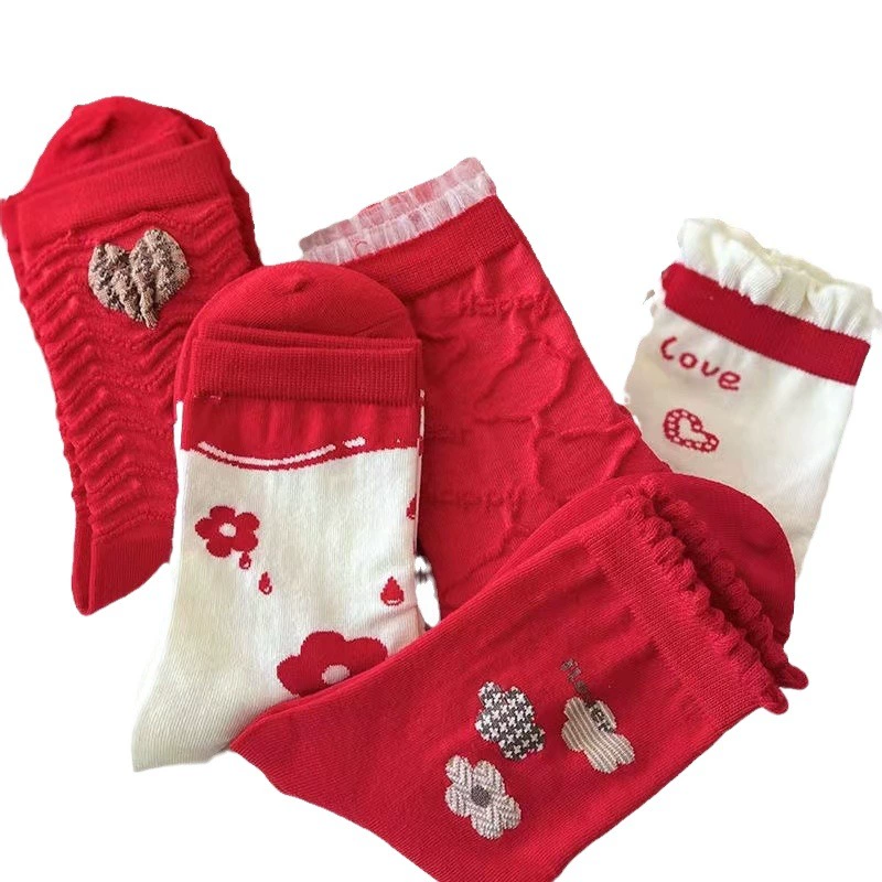 Красные носки год рождения, Женский Год Кролика, новые кружевные носки до середины икры, милые японские студенты, универсальные носки с красным драконом