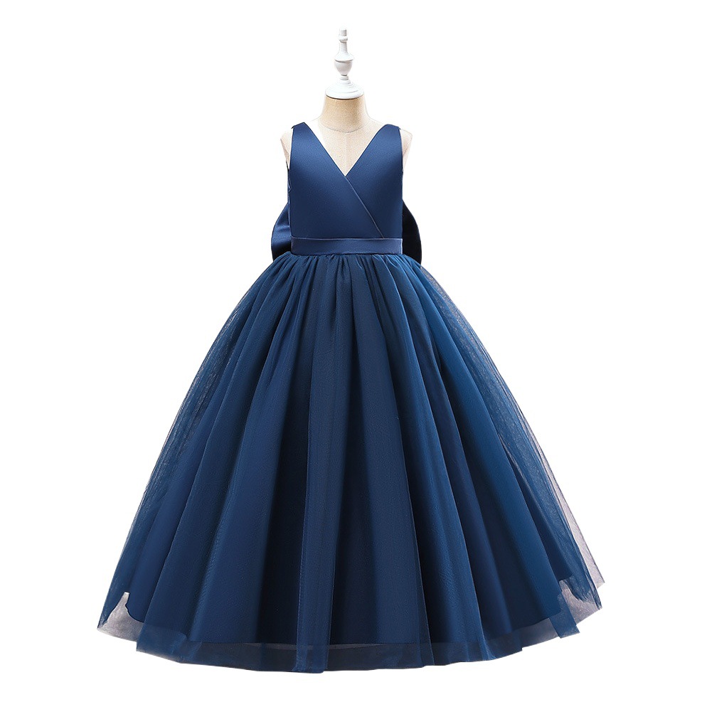 2024 nuevo vestido de novia de los niños europeos y americanos sin mangas de malla de satén vestido de cumpleaños de niña rendimiento vestido mullido