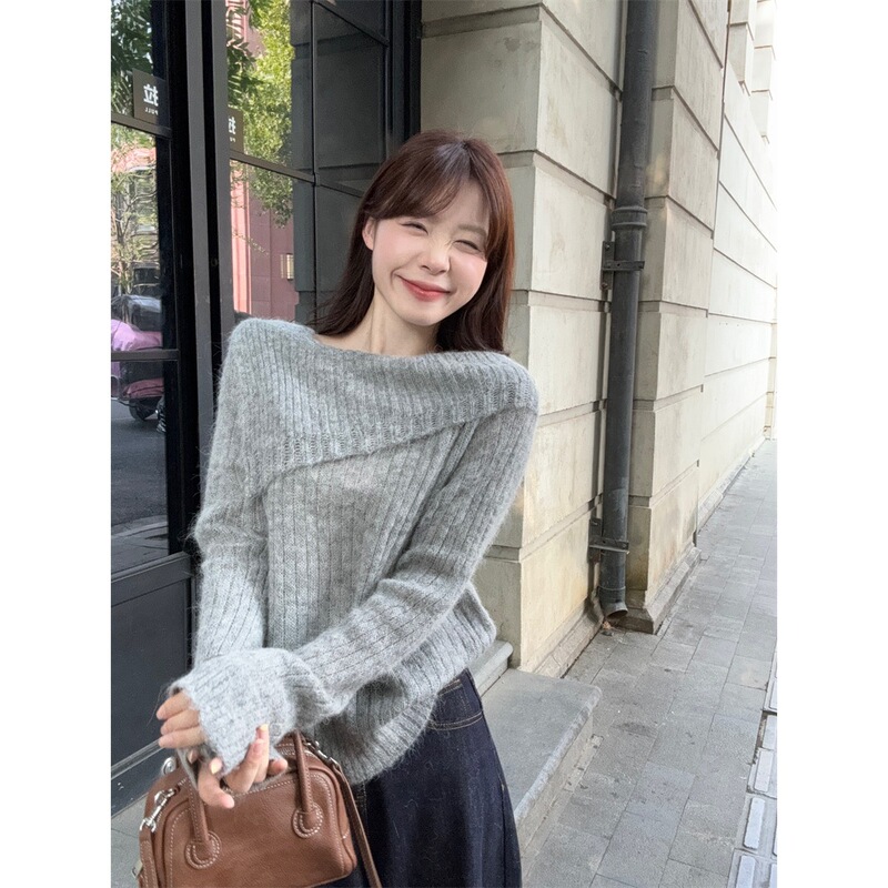 实拍甜美软糯斜肩荷叶领套头毛衣女2025秋冬新款宽松慵懒风针织衫|undefined