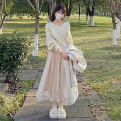 春秋两件长袖领单件套装温柔风新款气质针织衫冬交叉毛衣女2025