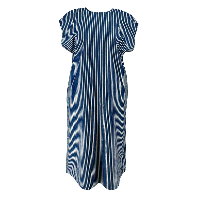 Plus Size Women's Clothing Denim Long Dress Sleeveless Round Neck Striped Pattern_ecoleips.com