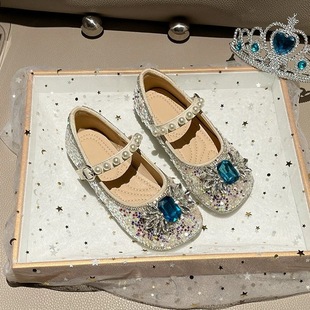 Girls Elsa Crystal Princess Shoes 2025 Spring New Bow Children's Baby Leather Shoes Soft Bottom Rhinestone Shoes