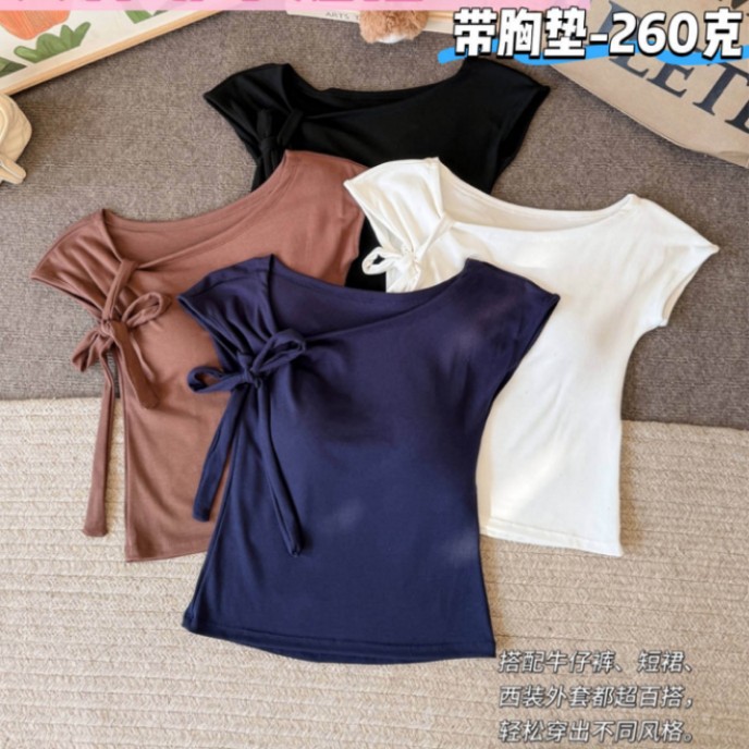 5179 # Pure Desire Style Waist-Cinching Off-Shoulder Short-Sleeve T-Shirt for Women with a Design Featuring Drawstrings and Built-In Chest Pads