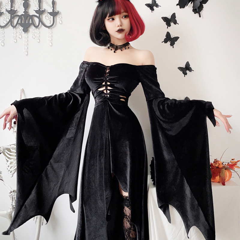 2026 European and American Dark Gothic Halloween Costume Witch Long Dress Vampire Grim Reaper Black Dress