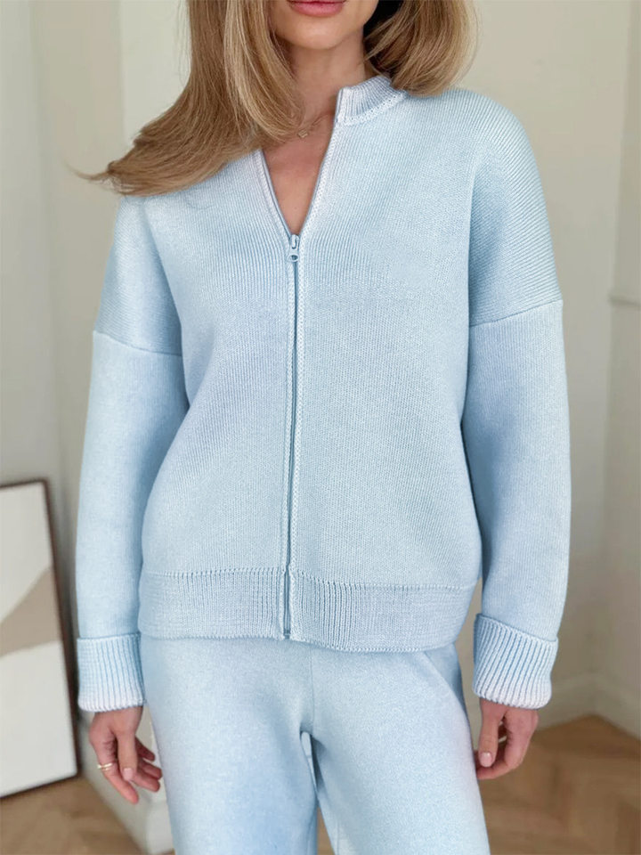 Bộ áo cardigan dệt kim khóa kéo dài tay phối quần ống rộng cho nữ — Màu nâu, Màu trắng, Màu xanh dương chi tiết 20