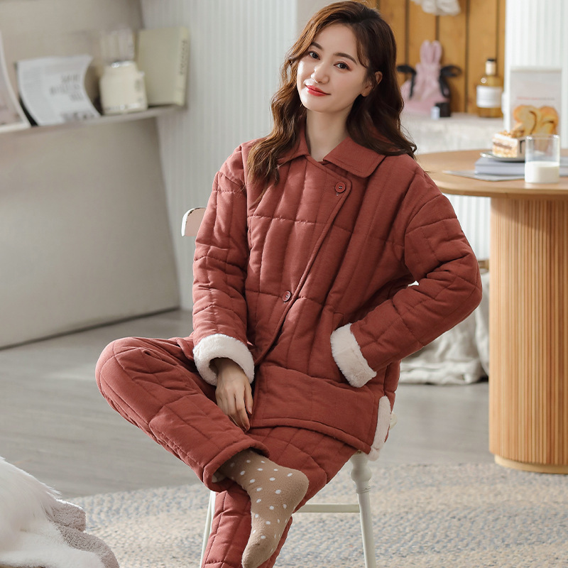 Autumn and winter pajamas women's three-layer cotton-padded warm home clothing winter cotton-padded jacket loose coral fleece can be worn outside the suit
