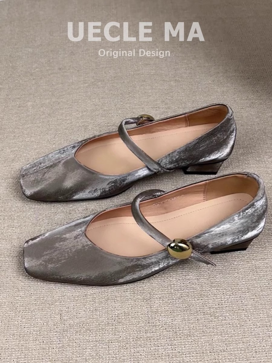 Piel de cordero súper suave ~ Zapatos individuales franceses, zapatos de ballet de tacón bajo con cabeza cuadrada para mujer, zapatos retro Mary Jane con hebilla