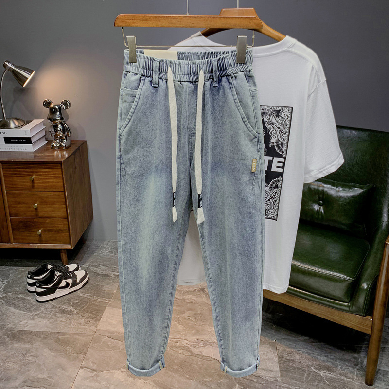 2024 spring and summer men's new rope jeans elastic waist casual Joker fashion loose straight pants wholesale