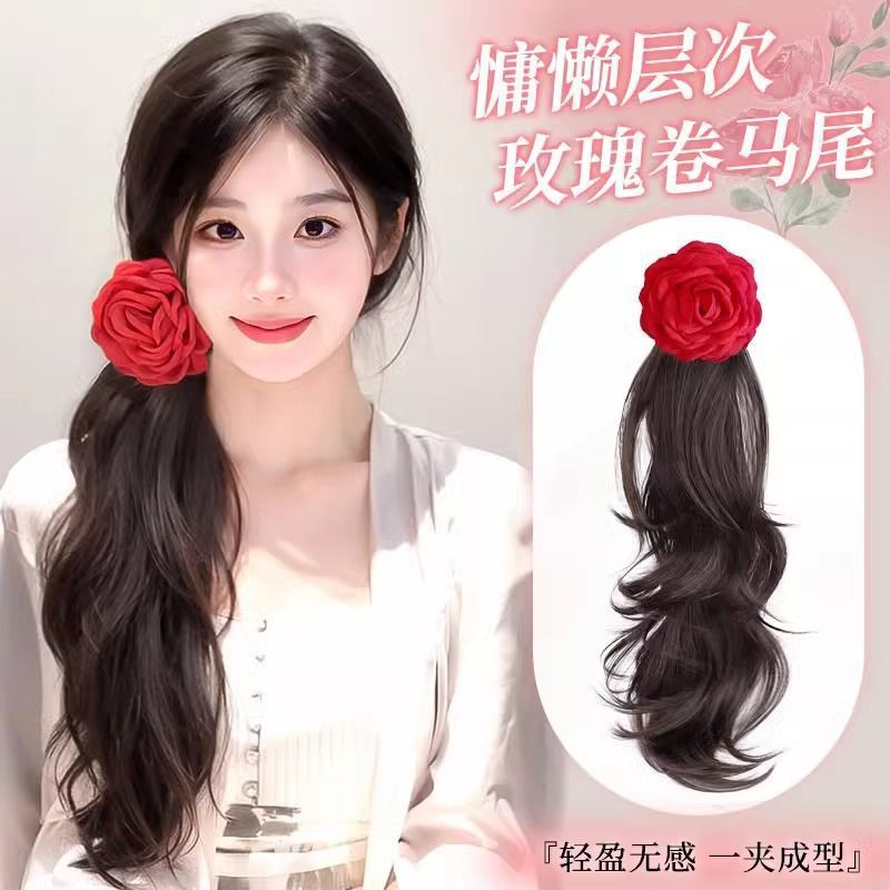 ウィッグポニーテールレッドローズフラワーヘアピン女性のサイドクリップ少しカーリーウィッグポニーテール人工毛グリッパーポニーテール|undefined