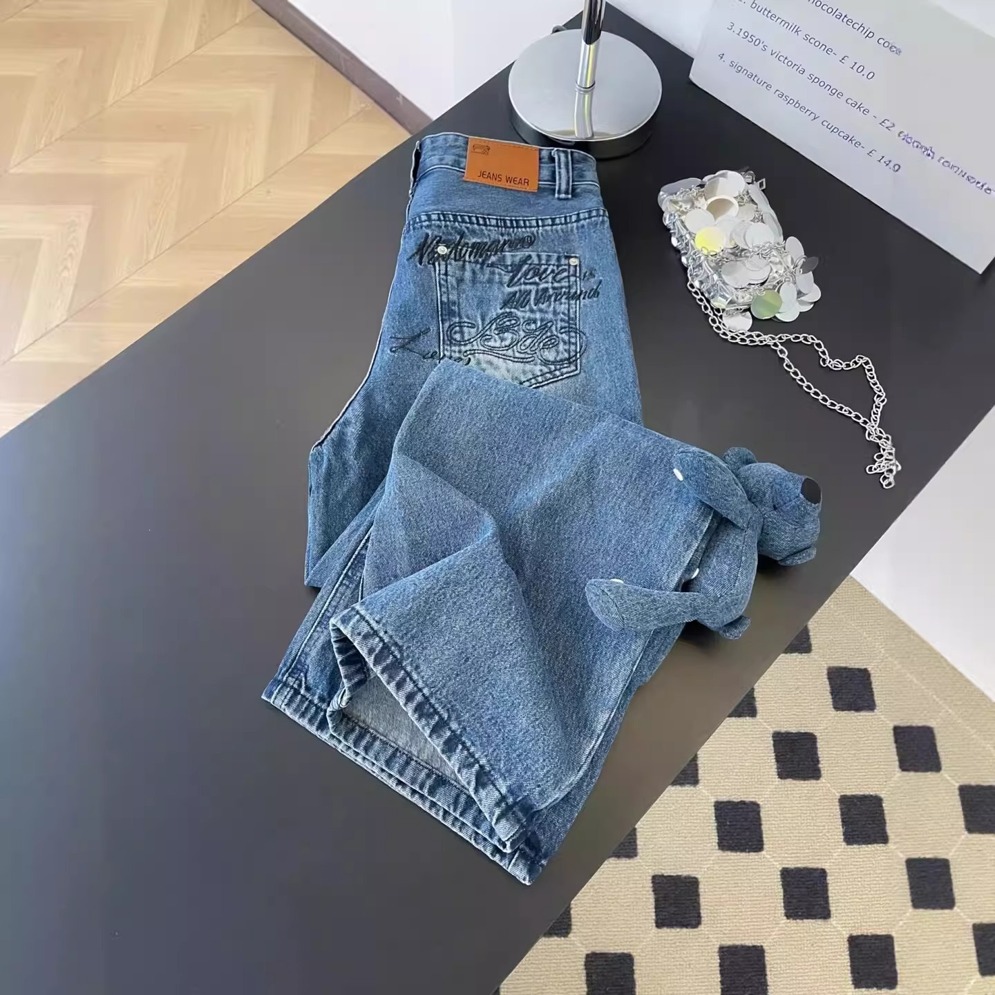 Women's High-Waisted Slimming Wavy Washed Denim Jeans Casual Loose Wide Leg Floor-Length Trousers With Letter Embroidery American Retro Summer Style_ecoleips.com