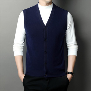 2024 Autumn and Winter New Men's Solid Color Young and Middle-aged High-class V-neck Sleeveless Vest 100 Full Wool Cardigan