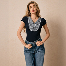 317-现货-73552#跨境欧美亚马逊外贸新款格纹拼接女装上衣衬衫