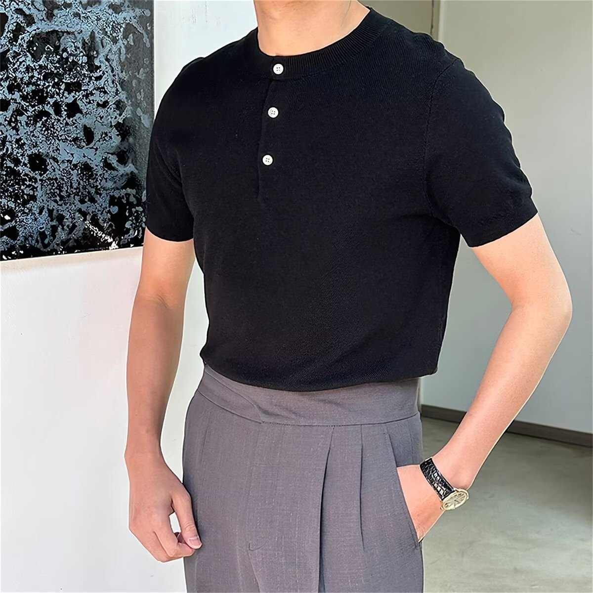Verano nueva camiseta de cuello Henry camiseta de manga corta hombre viejo viento de negocios de hielo de verano fábrica transfronteriza al por mayor