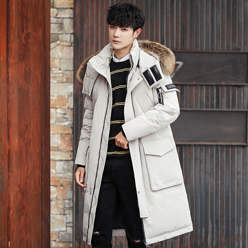 Nueva chaqueta de plumón de los hombres jóvenes engrosada de longitud media con capucha gran cuello de piel abrigo de moda de los hombres ropa caliente resistente al frío