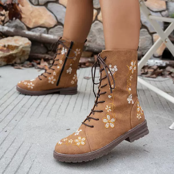 Foreign Trade plus size New High Square Heel Martin Boots Women's Cross-border Side Zipper Western Round Head Fashion European and American Leather Boots