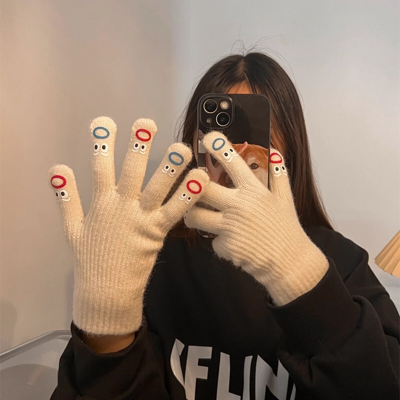 秋冬天毛线可爱针织卡通保暖五指可触屏韩版季露指学生手套女冬季|undefined