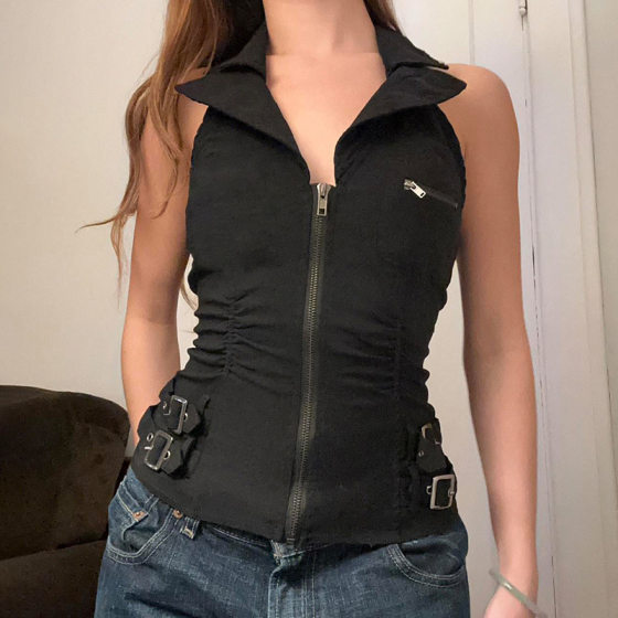 2025 Foreign Trade Women's Frock Style Punk Street Waist Design Slim-fit Backless Lapel Zipper Halter Vest
