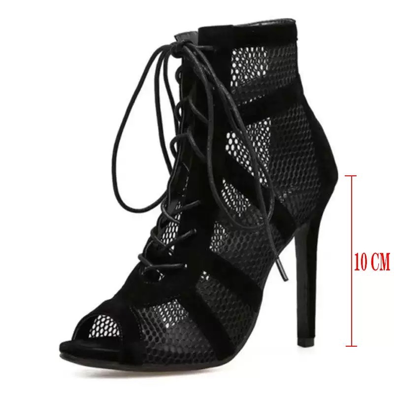 Botas Sandalia con Malla y Cintas de Tejido y Caucho, Tacón Fino y Alto para Verano image 6