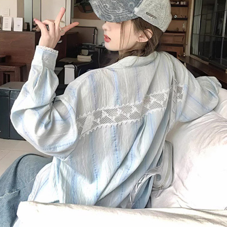 Shirt Women's Design Sense Niche Summer Korean Style Stitching Lace Shirt Loose Lazy Long Sleeve Sun Protection Top Coat