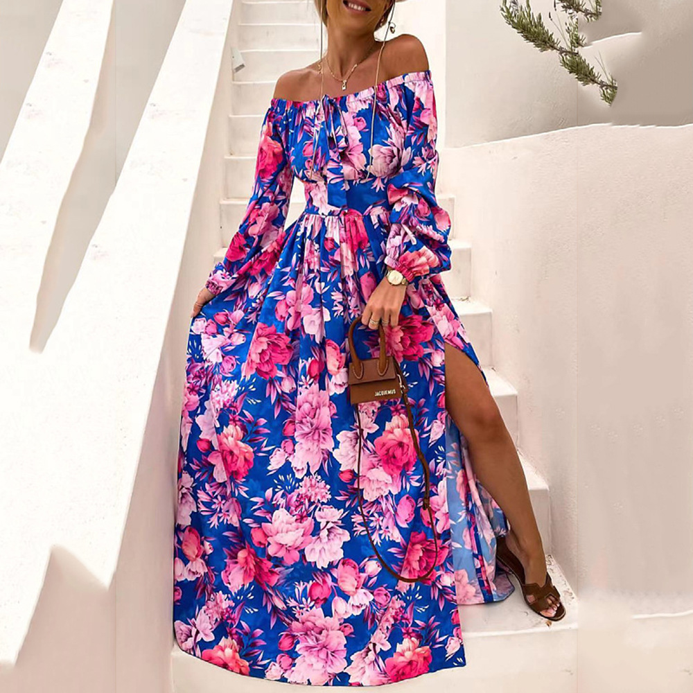 Vestido veraniego europeo y americano estilo bohemio de vacaciones 2025, con hombros descubiertos, acampanado, sexy y estampado. image 7