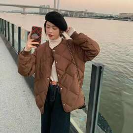 秋冬新款女装小个子长袖加厚棉衣大码菱格面包服学生减龄开衫外套