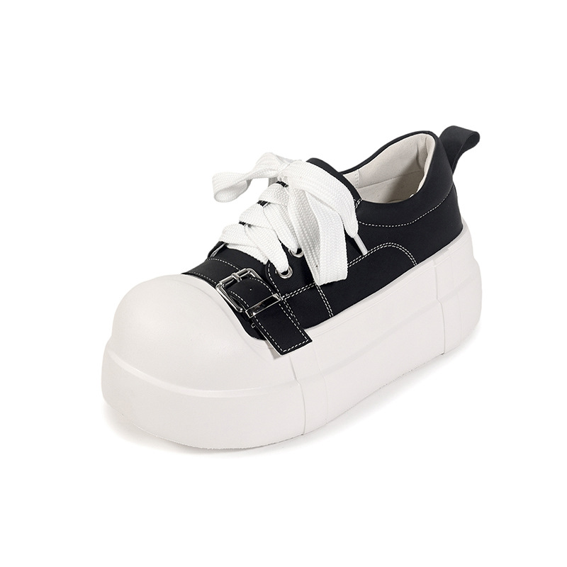 Giày sneaker nữ đế dày da thật phong cách platform khóa dây — màu đen, màu trắng