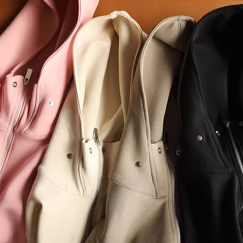 Women's Hooded Zippered Cardigan Sweater Jacket Solid Colour Style_voghion.com