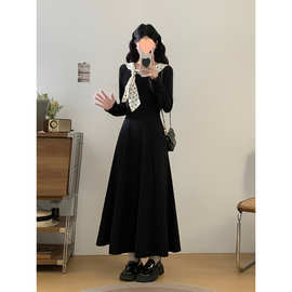 2025法式温柔赫本风波点丝巾黑色连衣裙收腰显瘦气质长裙