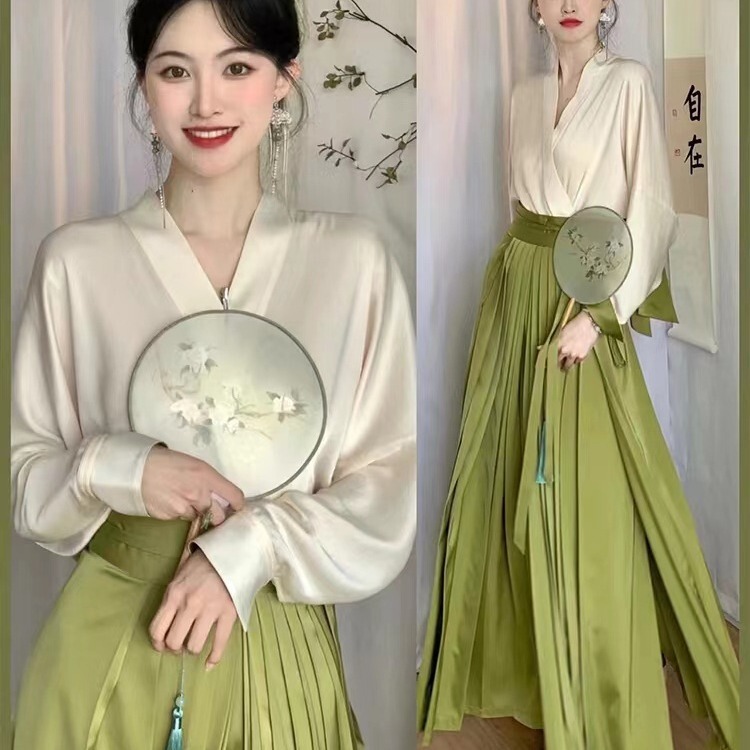 Improved Hanfu women's adult Chinese style Daily modern clothes elegant green fairy long dry Temple hundred square skirt suit autumn